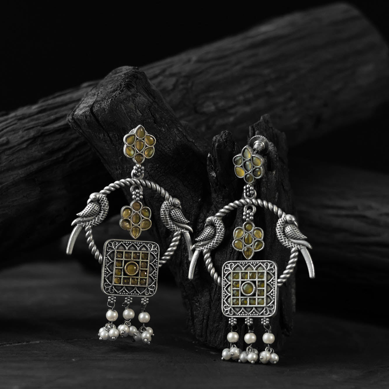 Saanjh Bela Twin Mayuri Yellow Oxidised Earrings