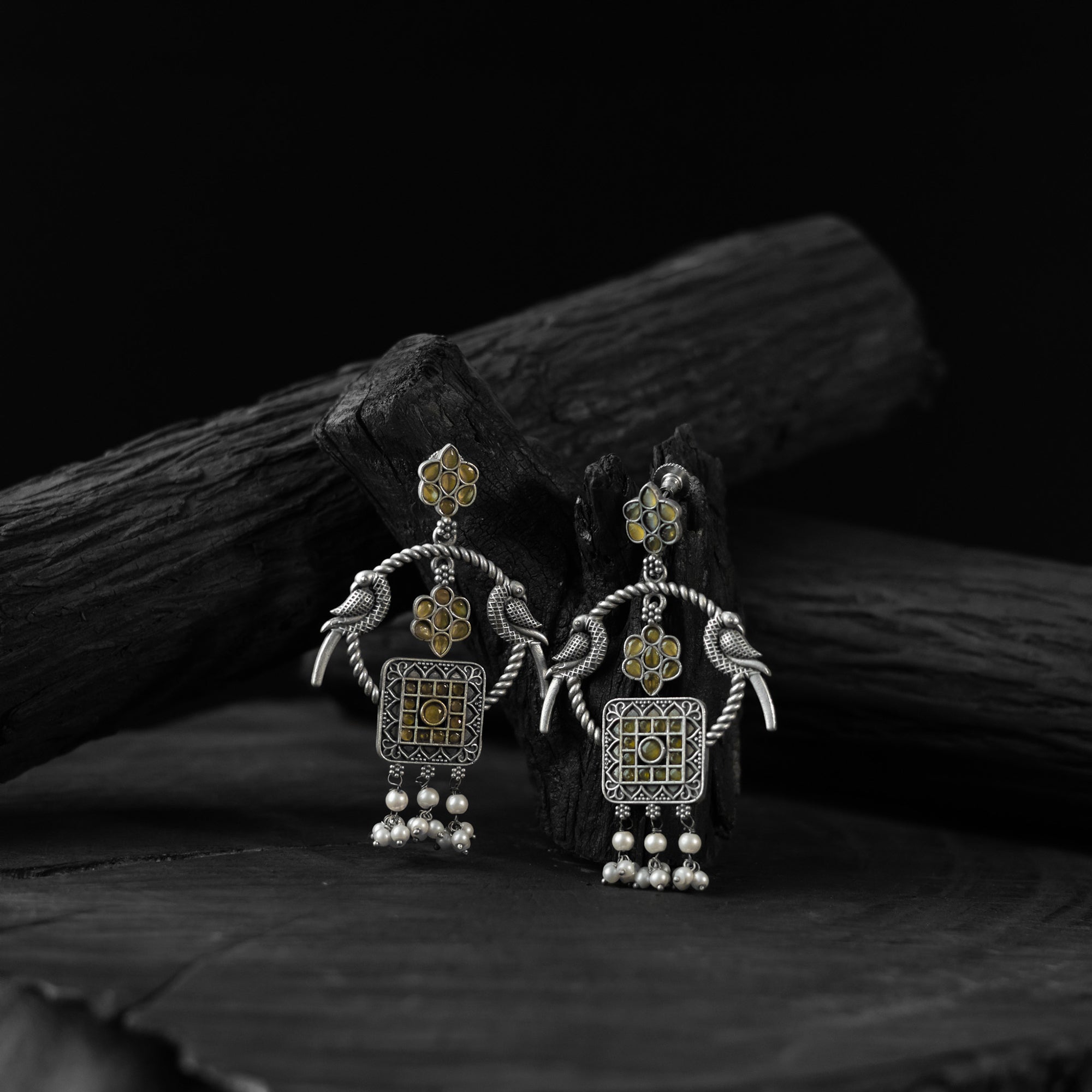 Saanjh Bela Twin Mayuri Yellow Oxidised Earrings