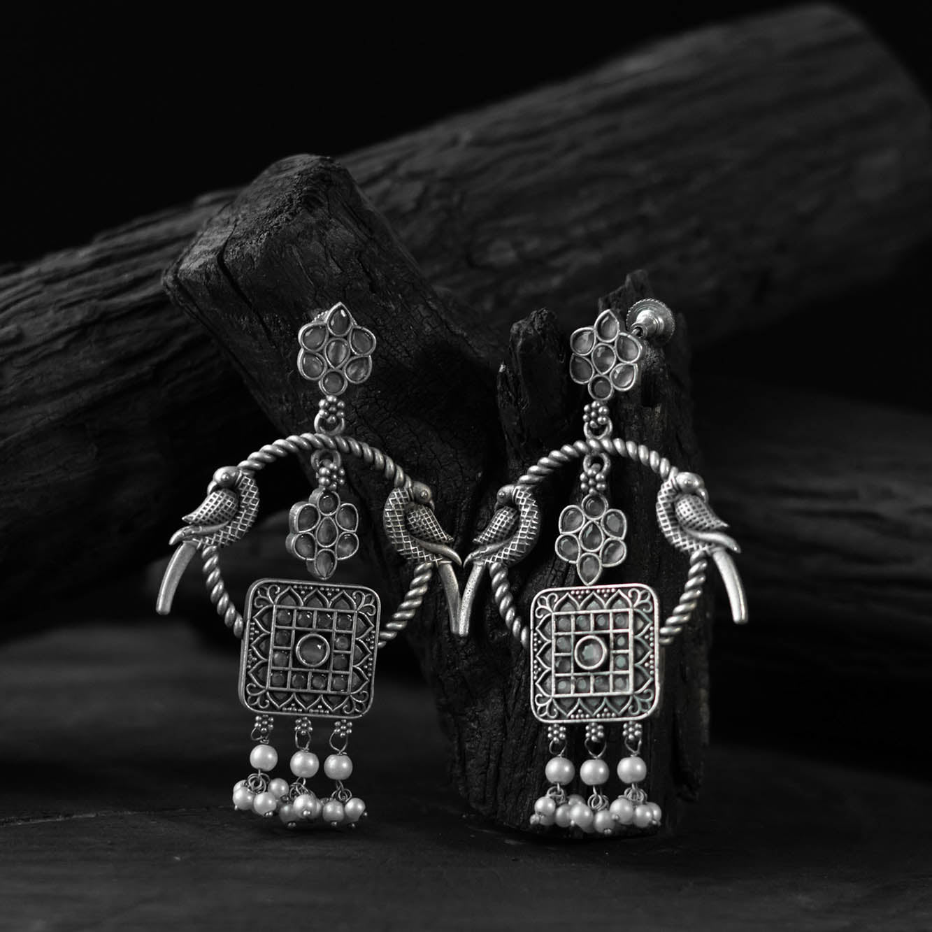 Saanjh Bela Twin Mayuri Gray Oxidised Earrings