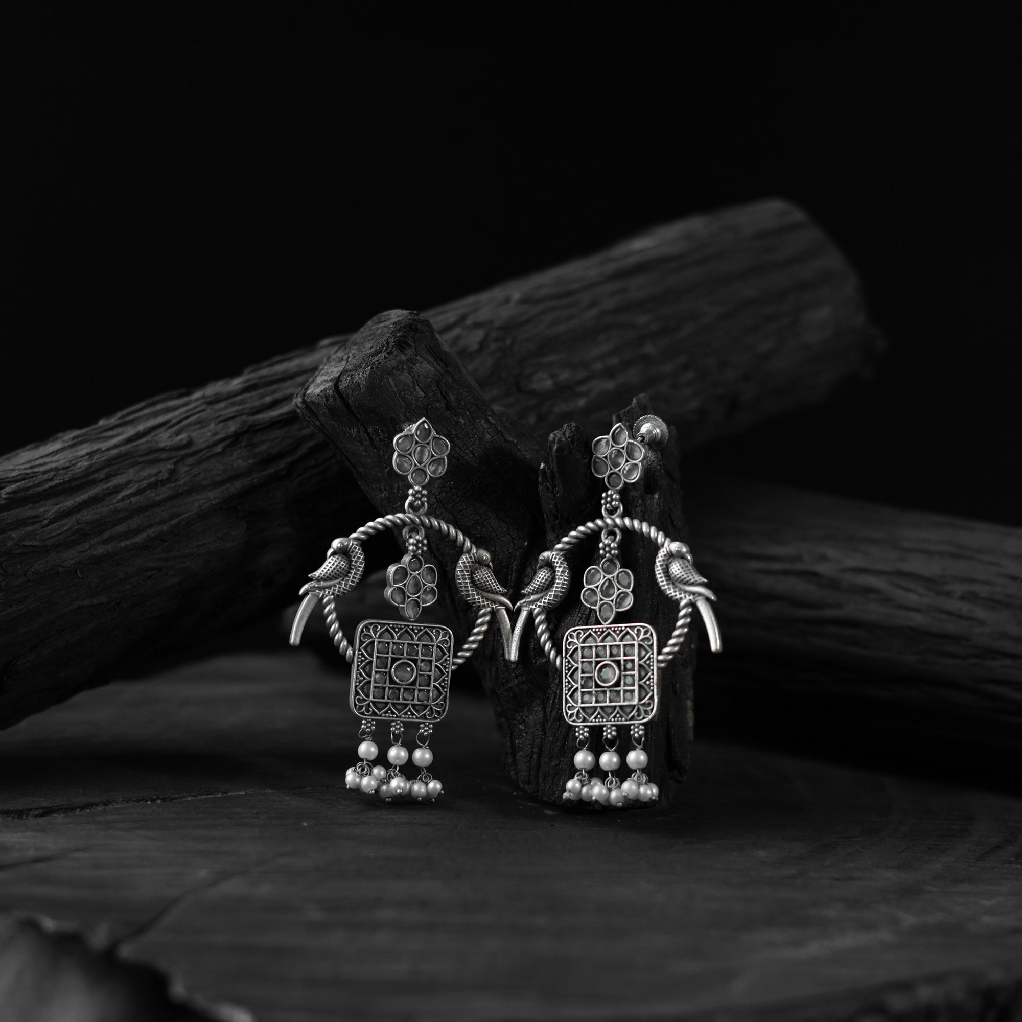Saanjh Bela Twin Mayuri Gray Oxidised Earrings