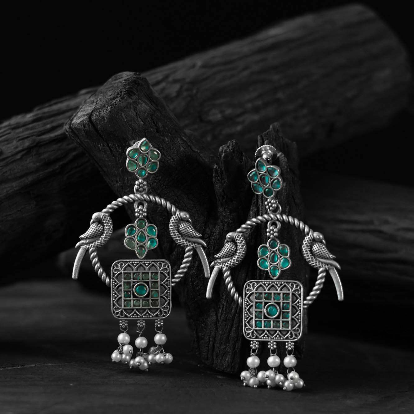 Saanjh Bela Twin Mayuri Green Oxidised Earrings