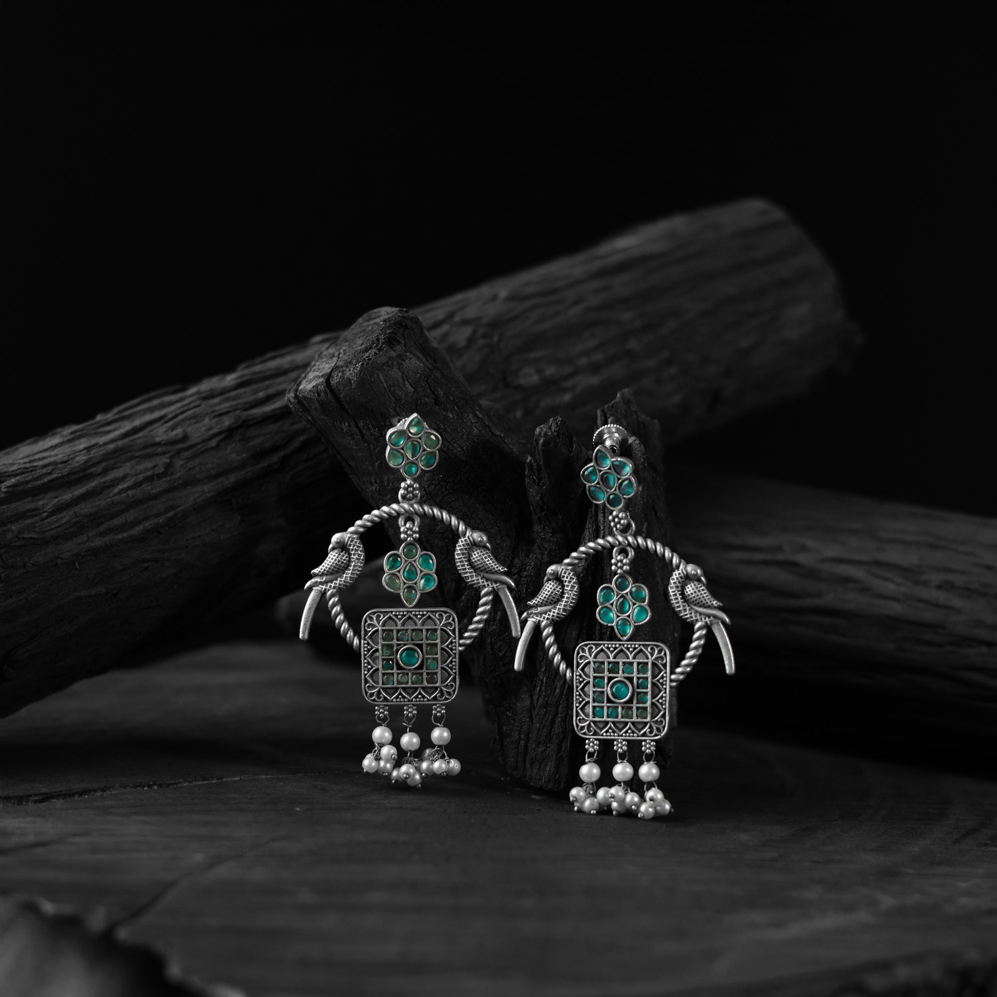 Saanjh Bela Twin Mayuri Green Oxidised Earrings