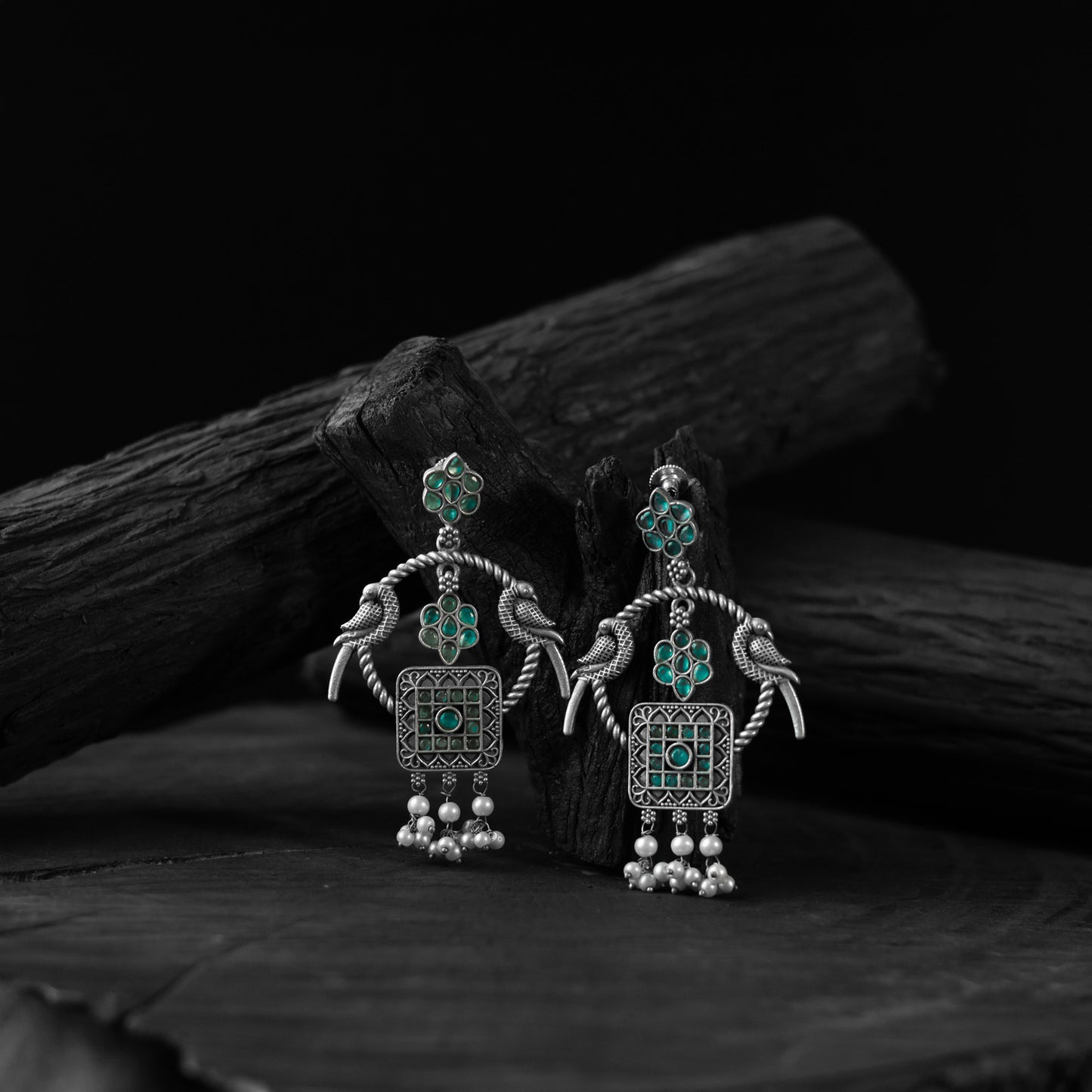 Saanjh Bela Twin Mayuri Green Oxidised Earrings