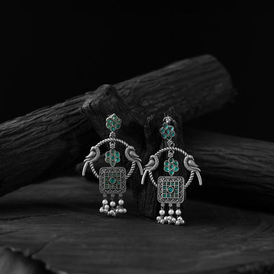 Saanjh Bela Twin Mayuri Green Oxidised Earrings