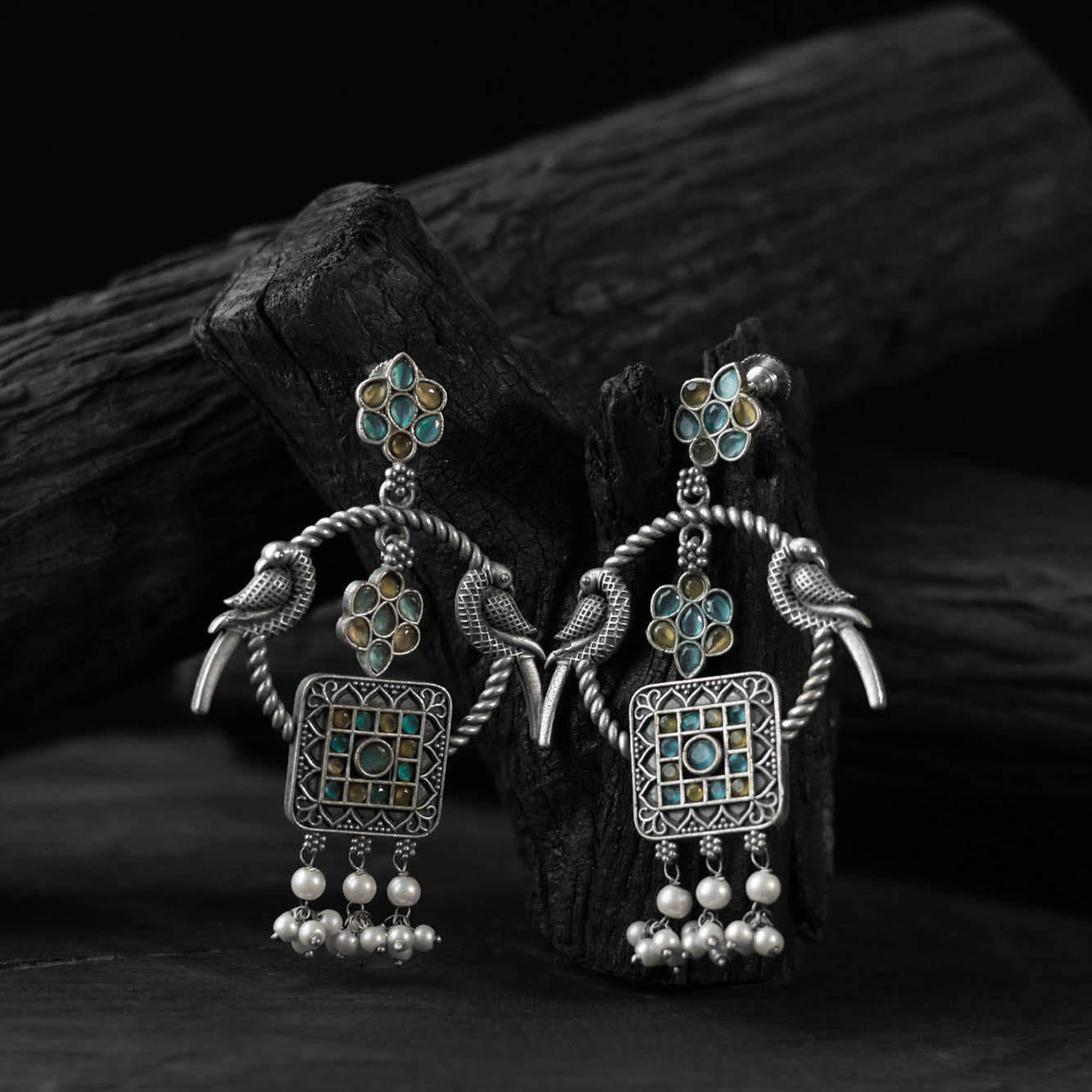 Saanjh Bela Twin Mayuri Yellow & Blue Oxidised Earrings