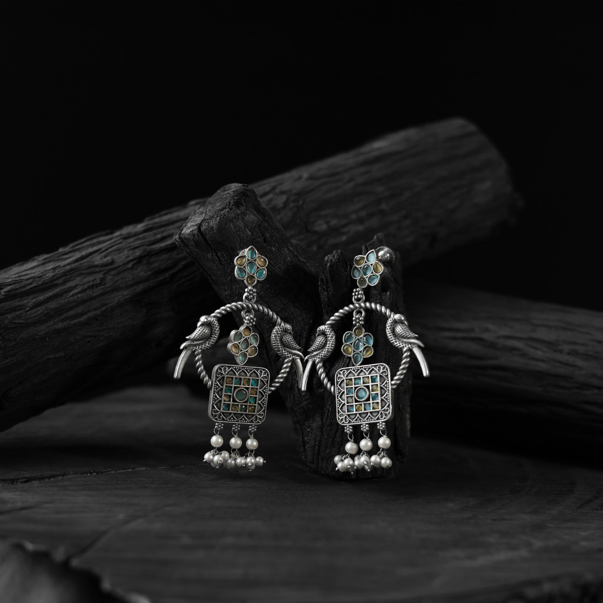 Saanjh Bela Twin Mayuri Yellow & Blue Oxidised Earrings