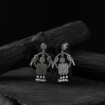 Saanjh Bela Twin Mayuri Yellow & Blue Oxidised Earrings