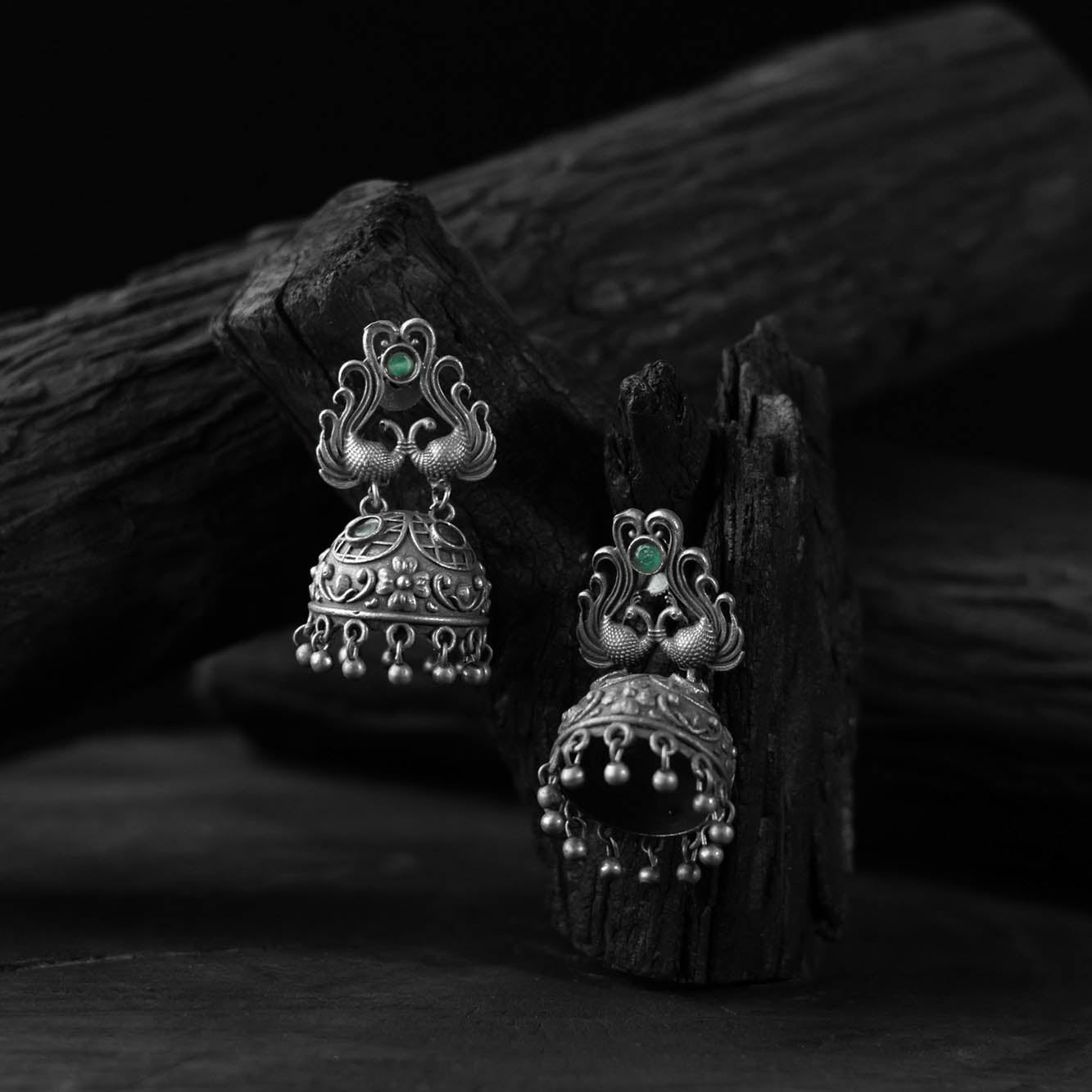 Saanjh Bela Green Twin Mayuri Oxidised Earrings