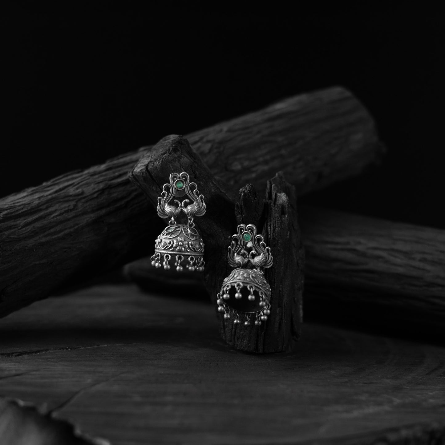 Saanjh Bela Green Twin Mayuri Oxidised Earrings