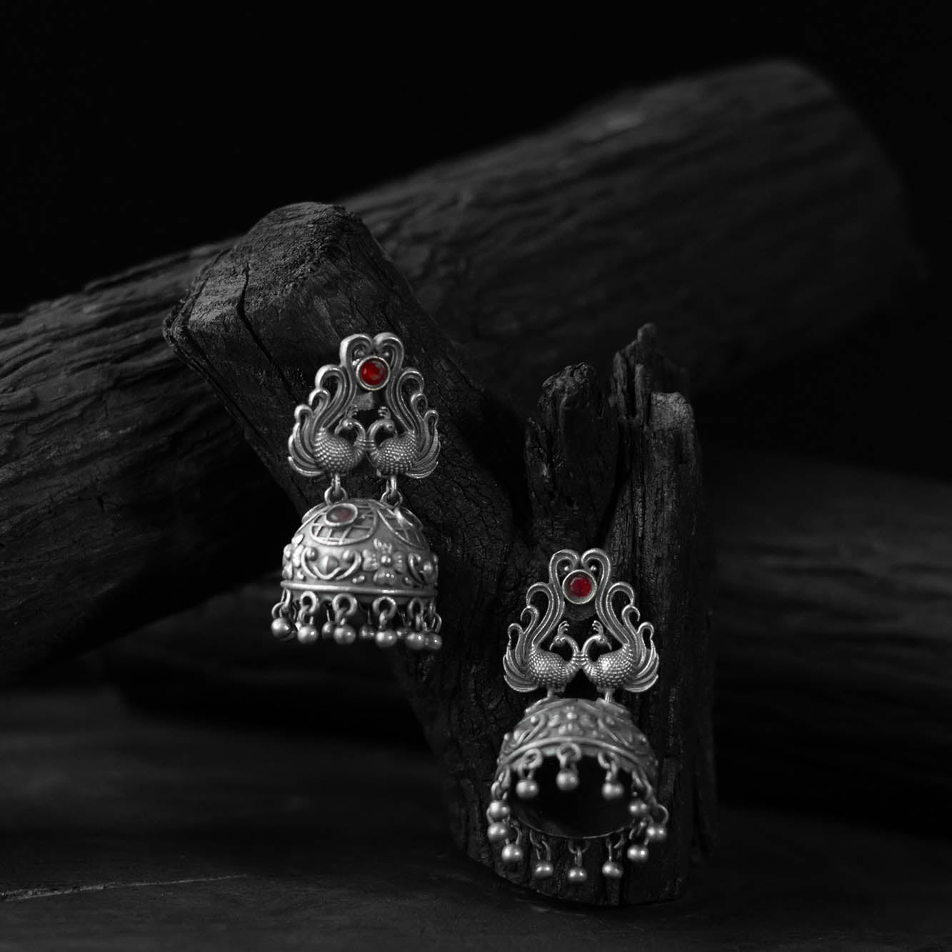 Saanjh Bela Twin Mayuri Red Oxidised Earrings