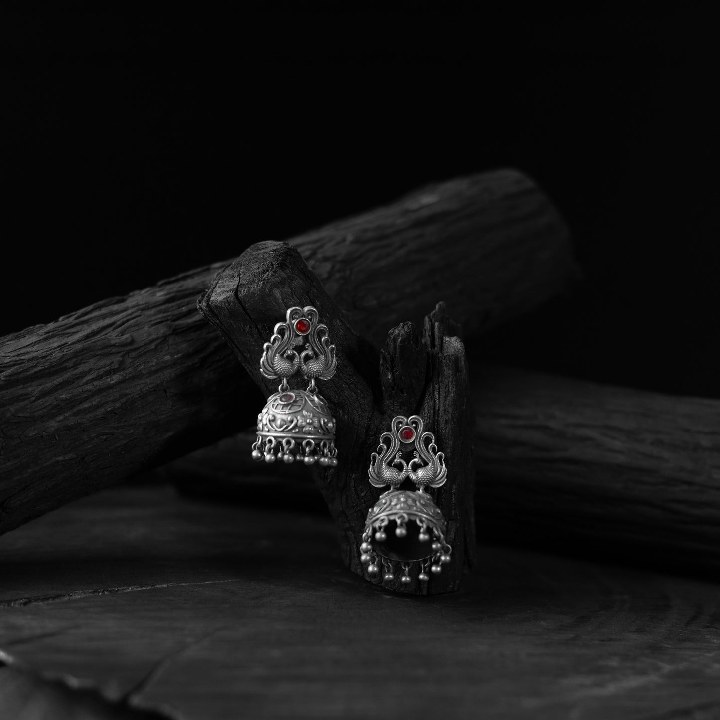 Saanjh Bela Twin Mayuri Red Oxidised Earrings