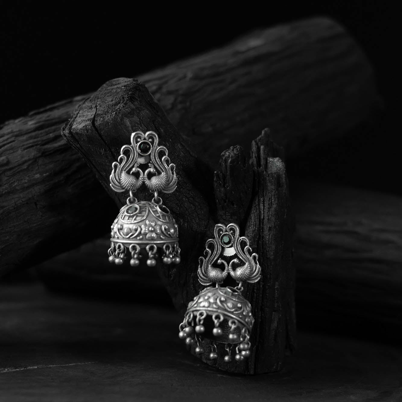 Green Saanjh Bela Twin Mayuri Oxidised Earrings