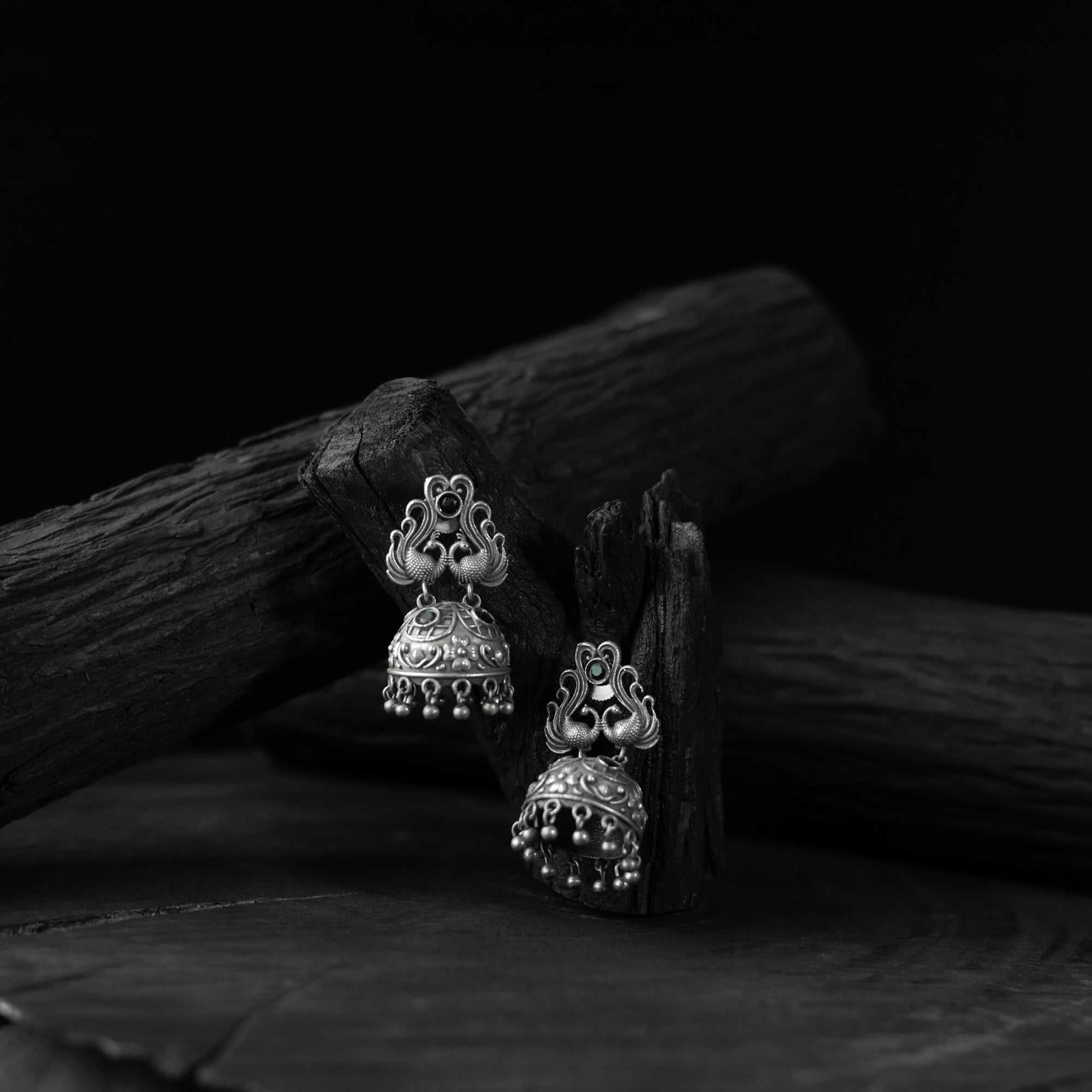 Green Saanjh Bela Twin Mayuri Oxidised Earrings