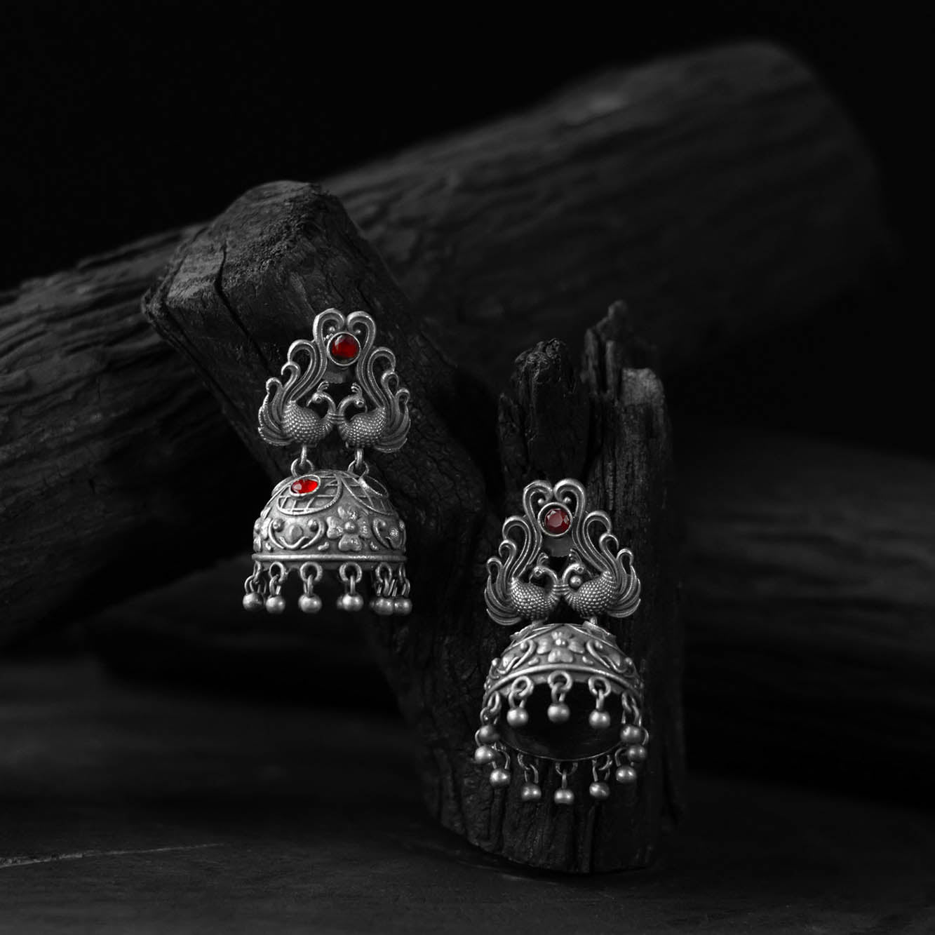 Red Saanjh Bela Twin Mayuri Oxidised Earrings