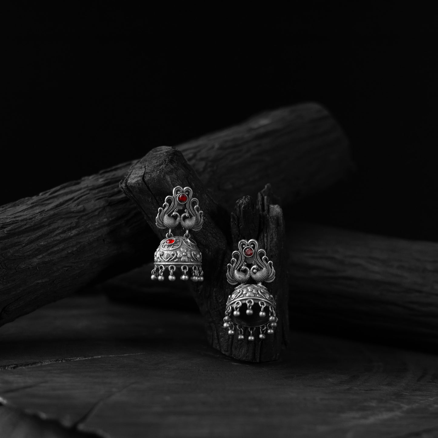 Red Saanjh Bela Twin Mayuri Oxidised Earrings