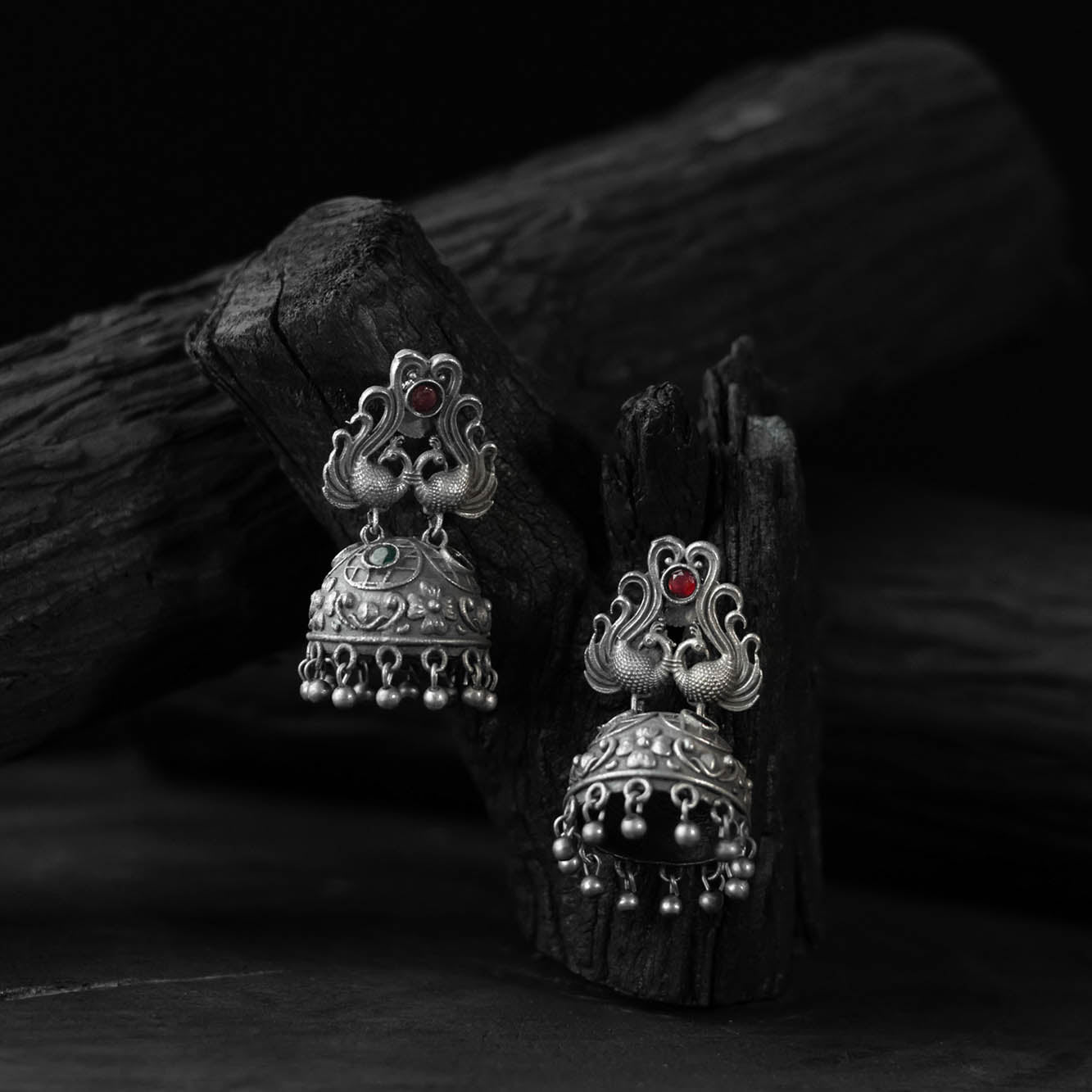 Saanjh Bela Red Twin Mayuri Oxidised Earrings