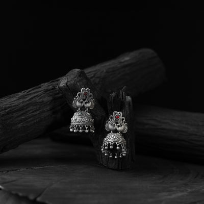 Saanjh Bela Red Twin Mayuri Oxidised Earrings