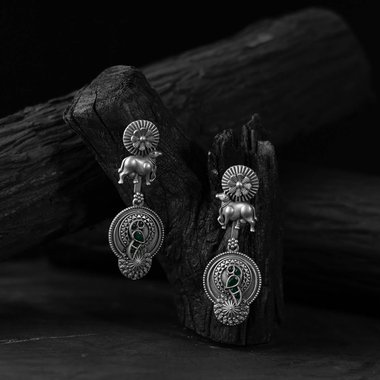 Saanjh Bela Bloom & Nandi Green Oxidised Earrings