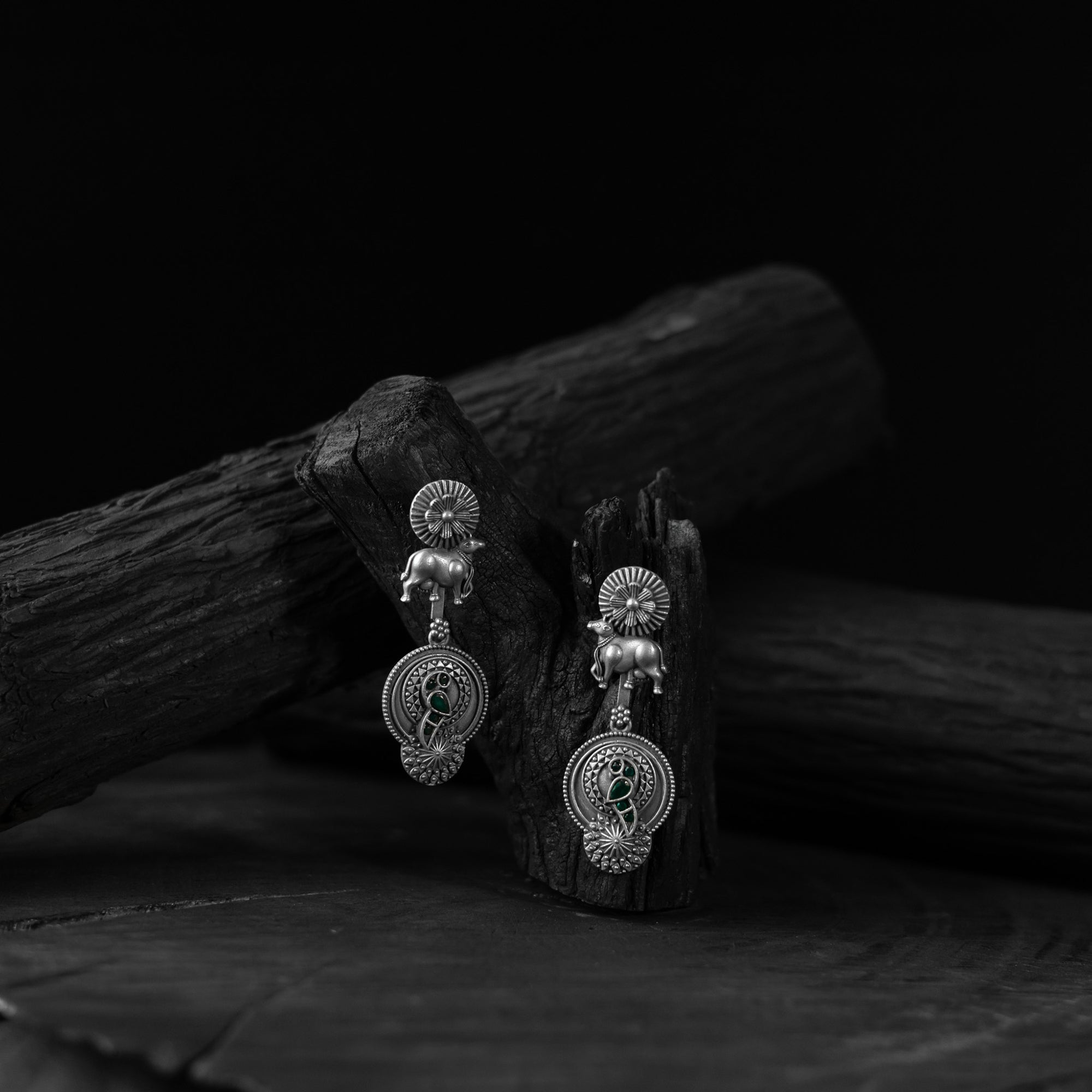 Saanjh Bela Bloom & Nandi Green Oxidised Earrings