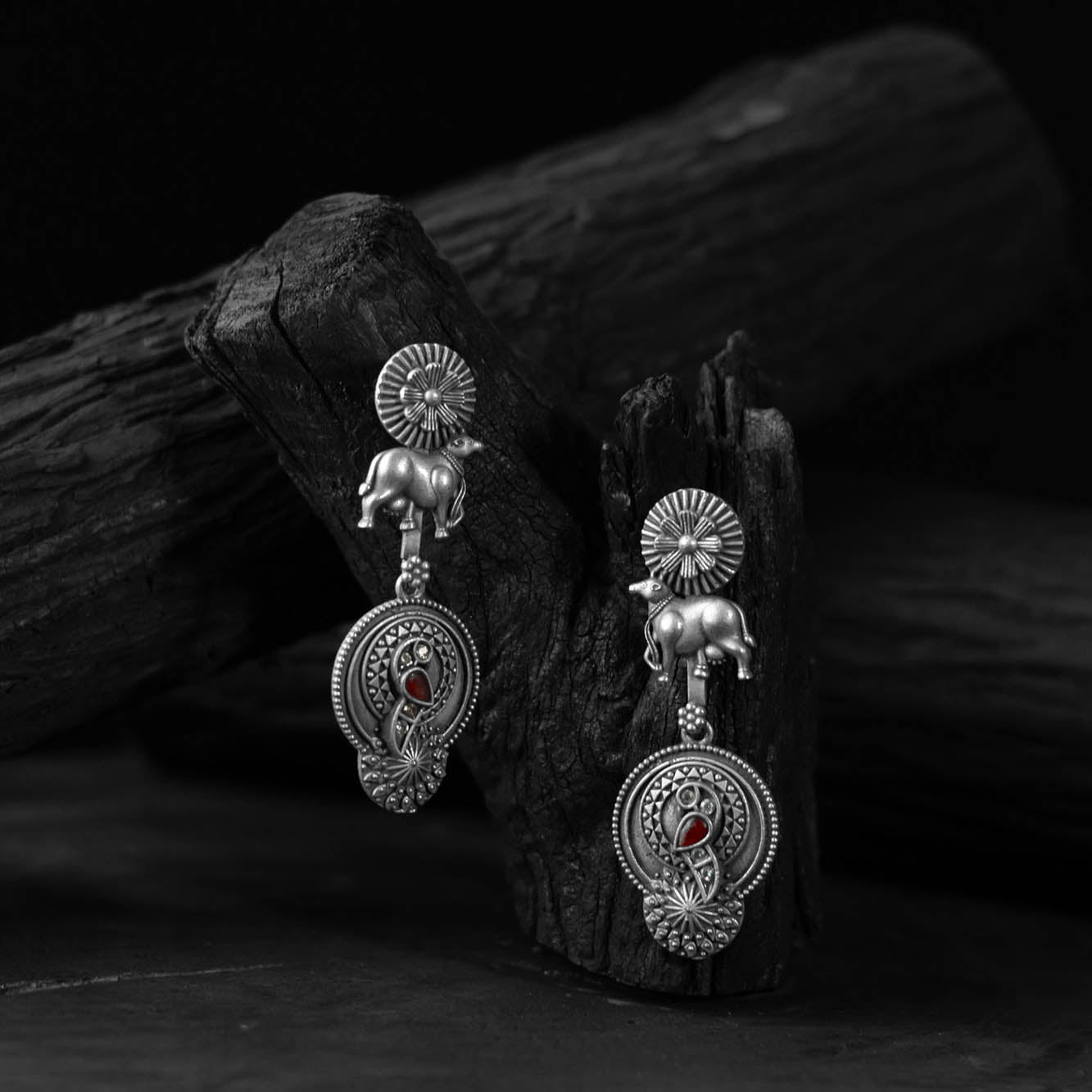Saanjh Bela Bloom & Nandi Red Oxidised Earrings