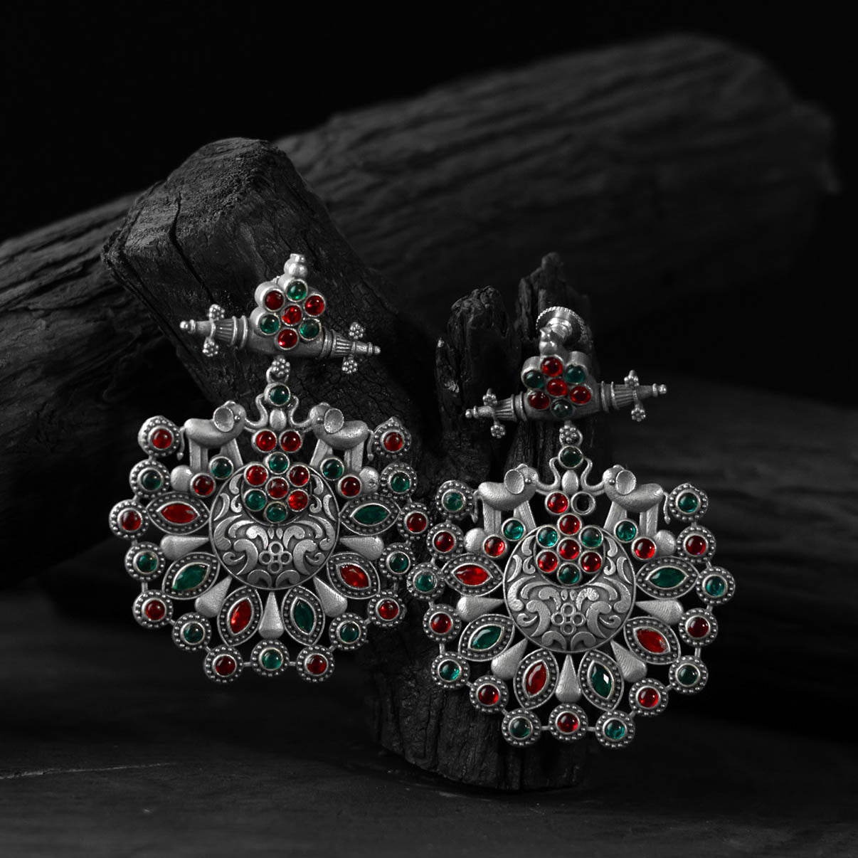 Elephant Saanjh Bela Red & Green Oxidised Earrings