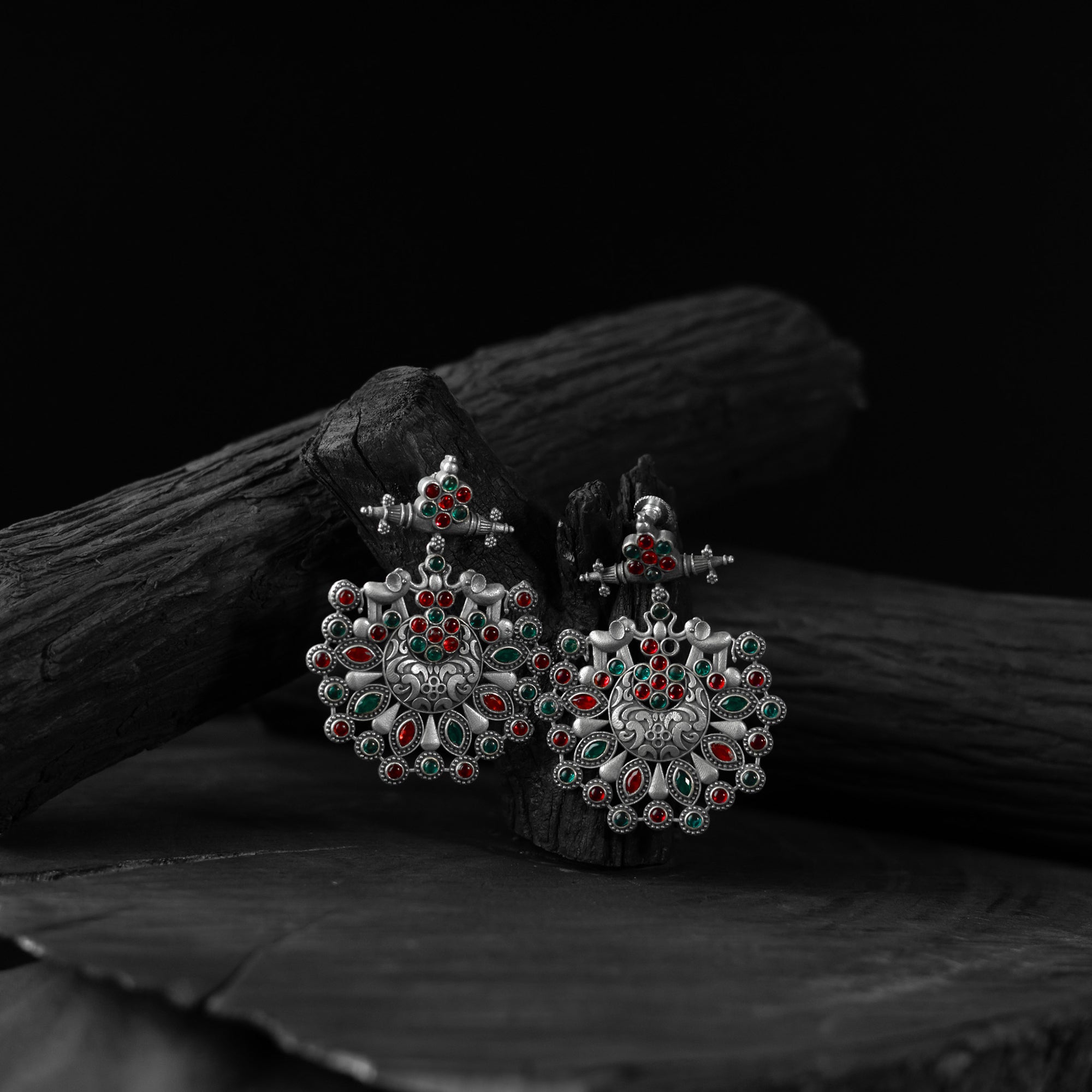 Elephant Saanjh Bela Red & Green Oxidised Earrings