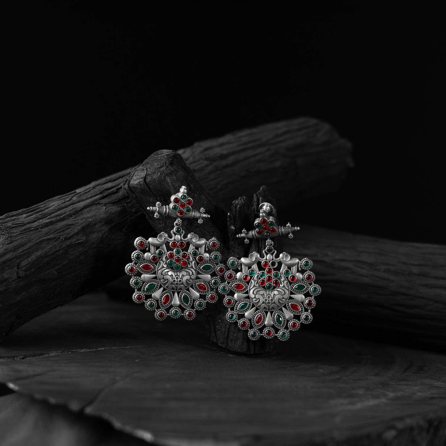 Elephant Saanjh Bela Red & Green Oxidised Earrings