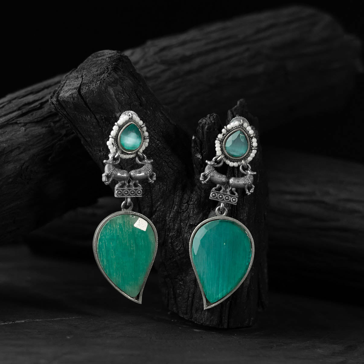 Nandi Saanjh Bela Mint Green Oxidised Earrings