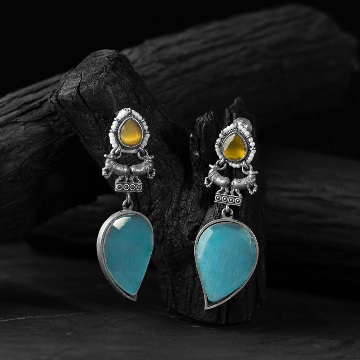 Nandi Saanjh Bela Yellow & Sky Blue Oxidised Earrings