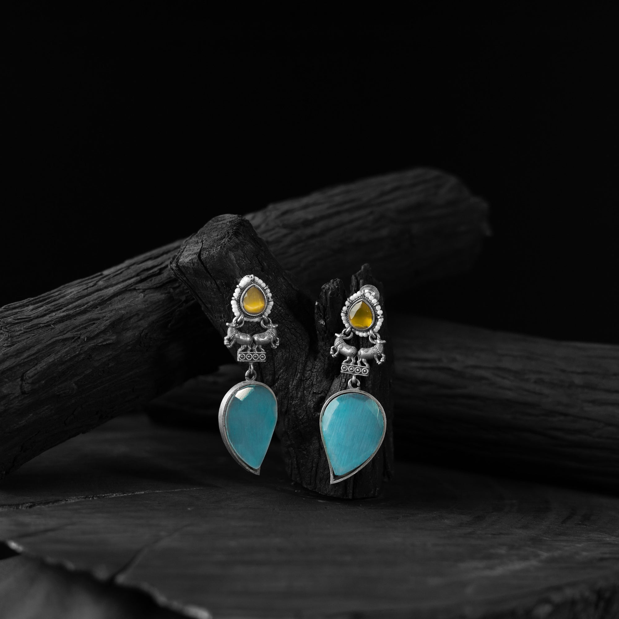 Nandi Saanjh Bela Yellow & Sky Blue Oxidised Earrings
