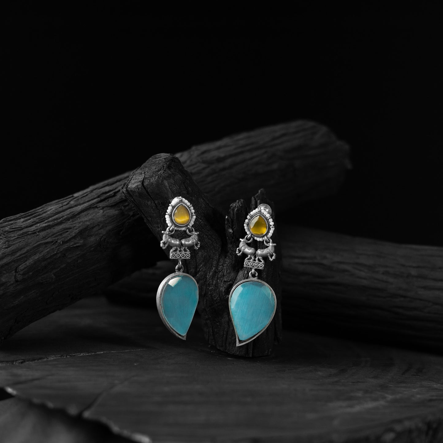 Nandi Saanjh Bela Yellow & Sky Blue Oxidised Earrings