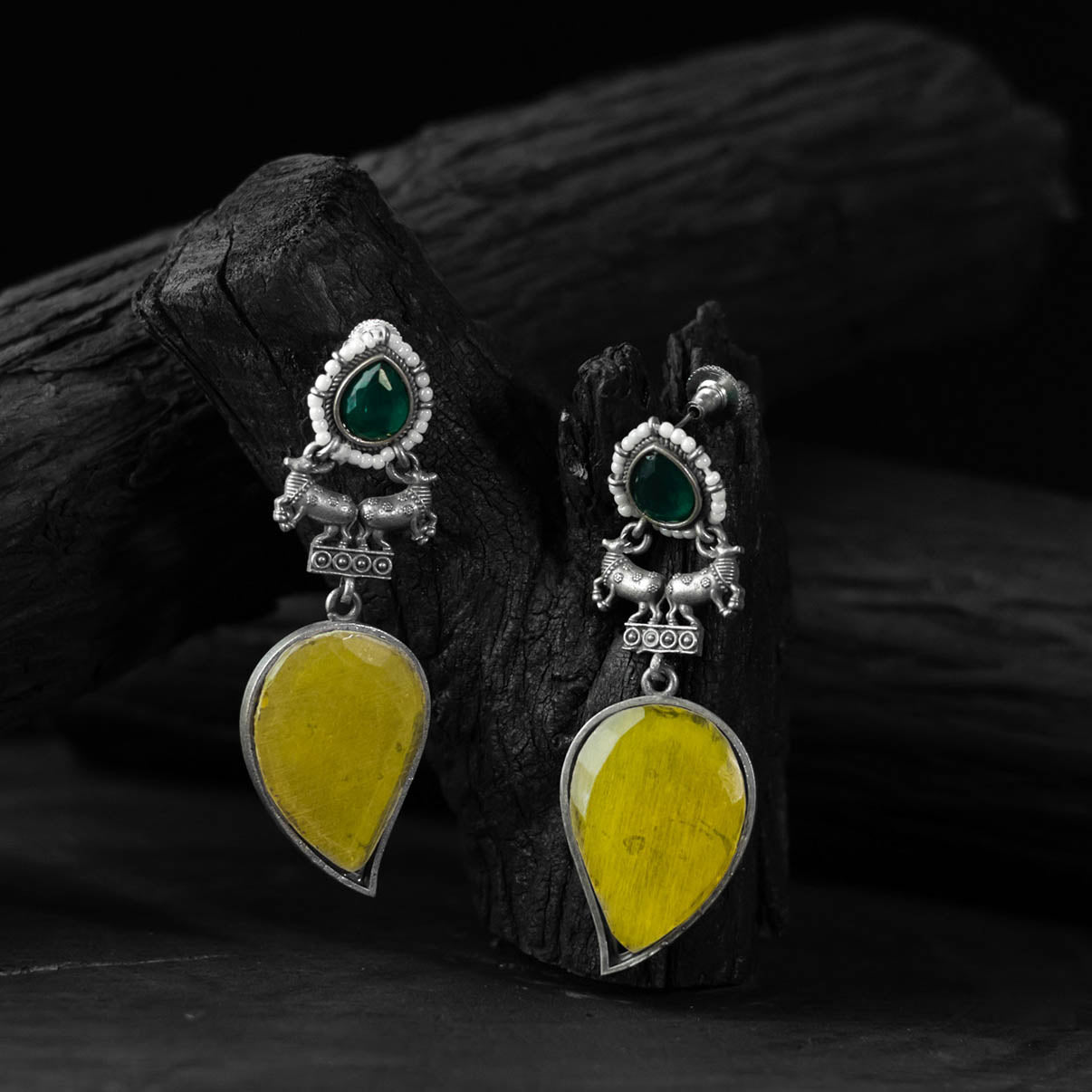 Nandi Saanjh Bela Green & Yellow Oxidised Earrings
