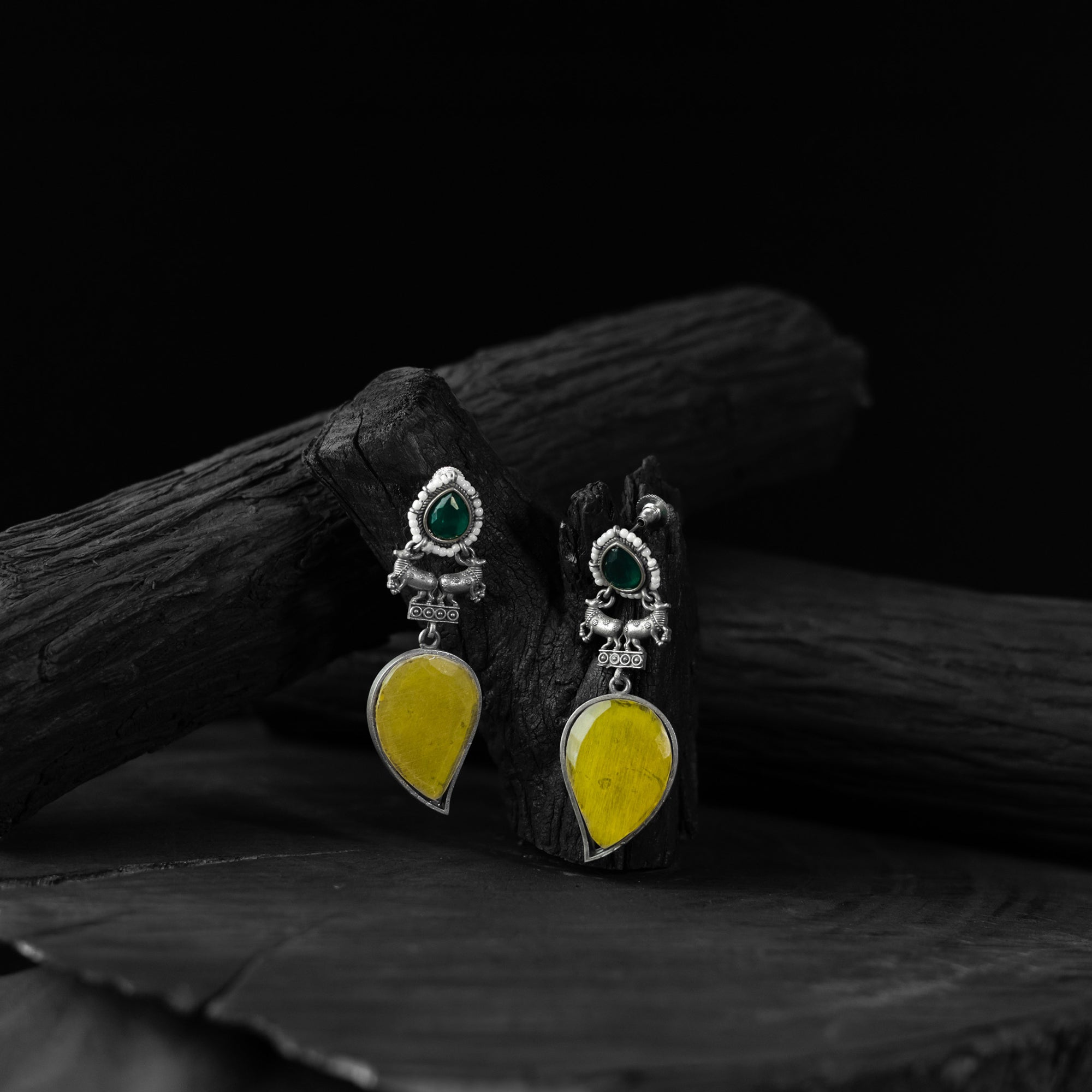 Nandi Saanjh Bela Green & Yellow Oxidised Earrings