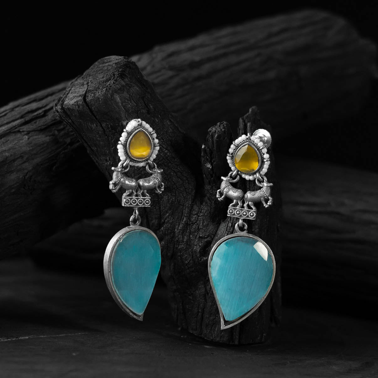 Nandi Saanjh Bela Sky Blue & Yellow Oxidised Earrings