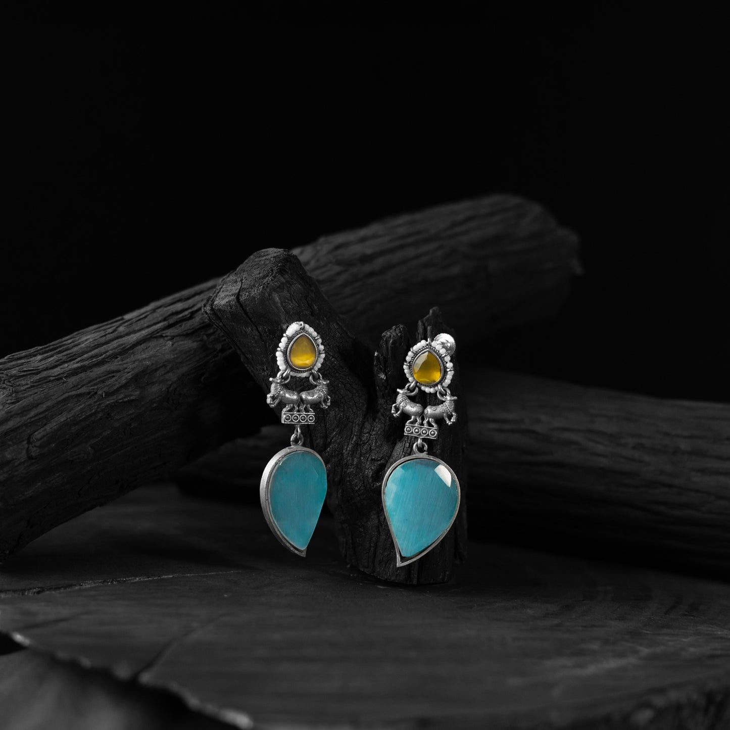 Nandi Saanjh Bela Sky Blue & Yellow Oxidised Earrings