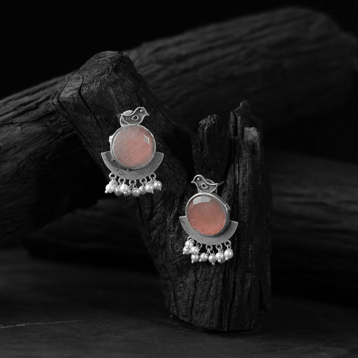 Saanjh Bela Pink Sparrow Oxidised Earrings