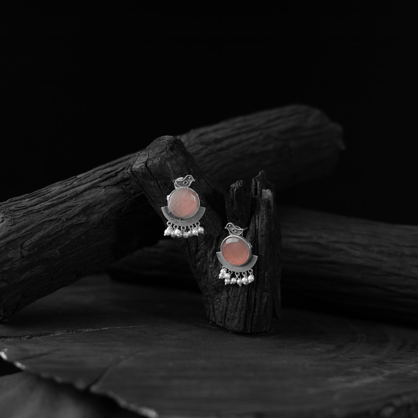 Saanjh Bela Pink Sparrow Oxidised Earrings