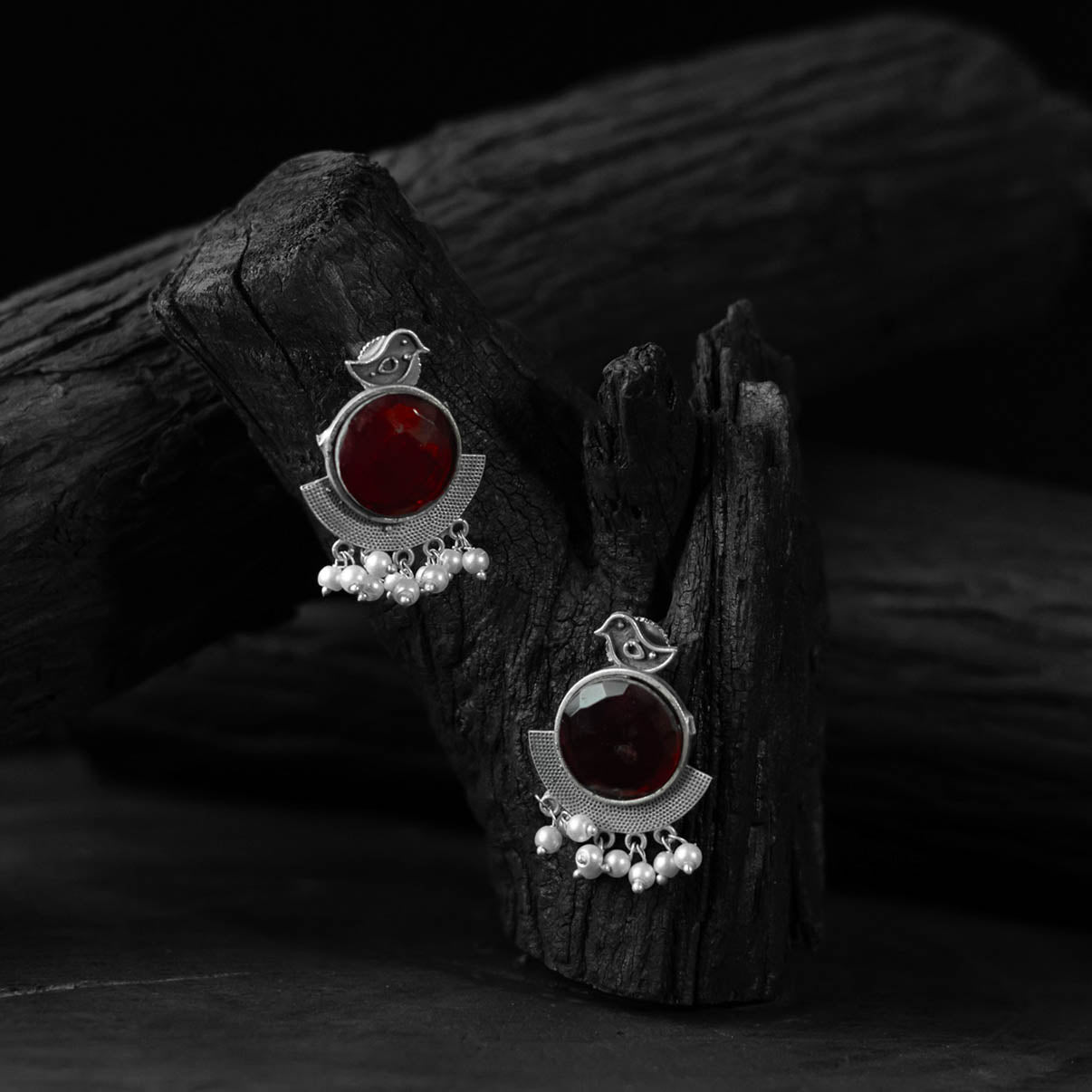 Saanjh Bela Red Sparrow Oxidised Earrings