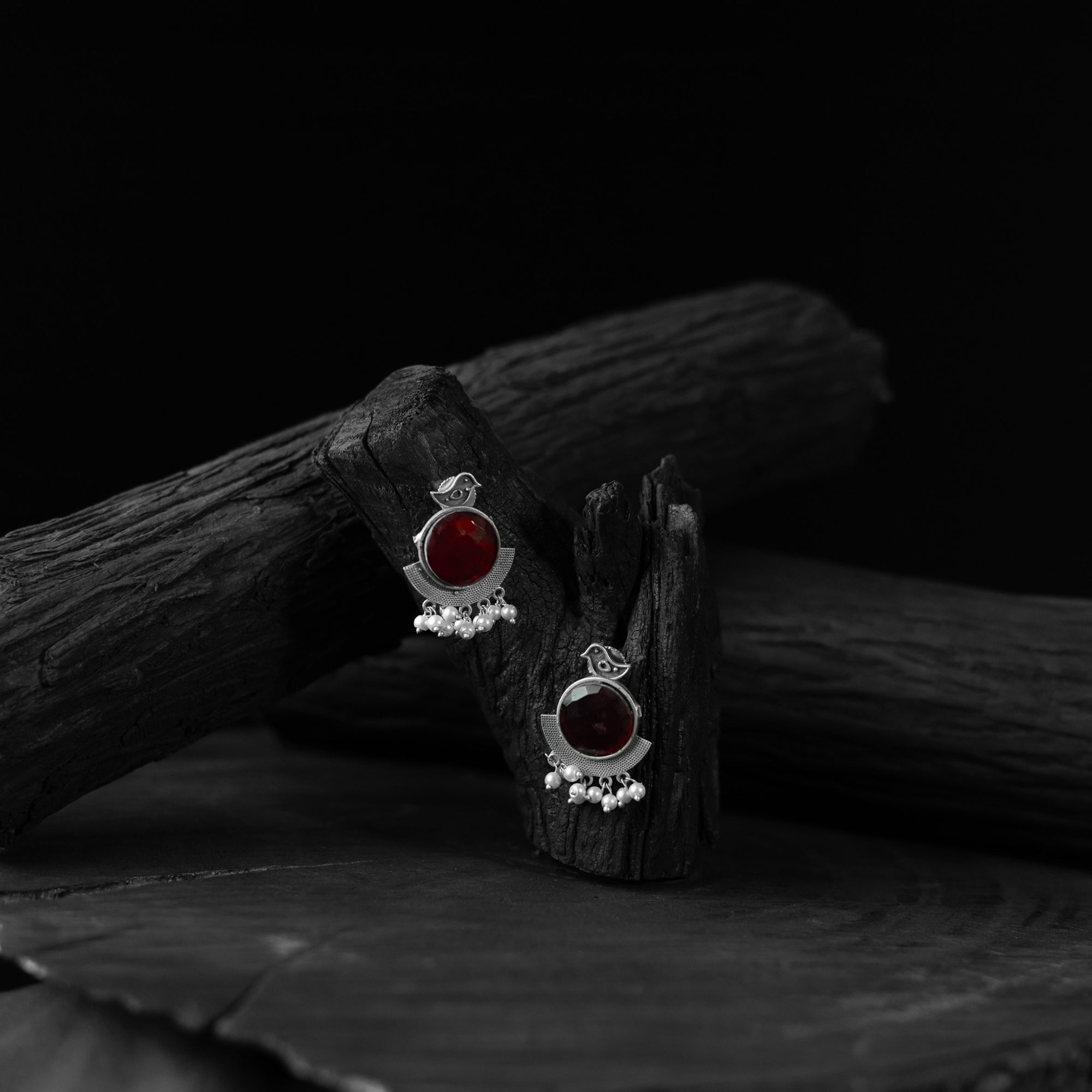 Saanjh Bela Red Sparrow Oxidised Earrings