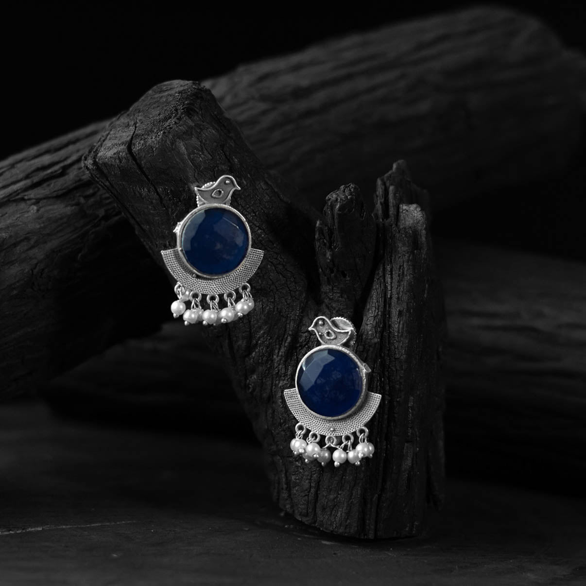 Saanjh Bela Blue Sparrow Oxidised Earrings