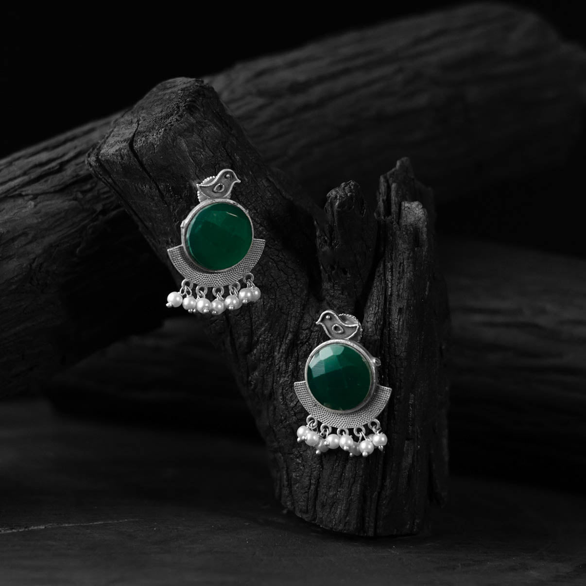 Saanjh Bela Green Sparrow Oxidised Earrings
