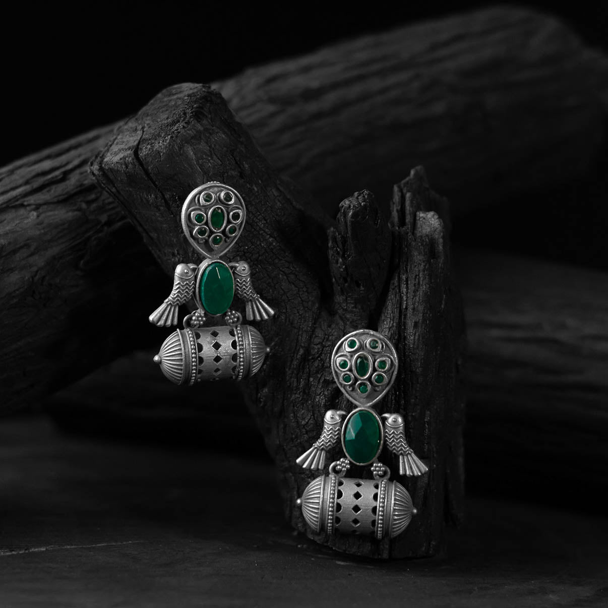 Saanjh Bela Bird Green Oxidised Earrings