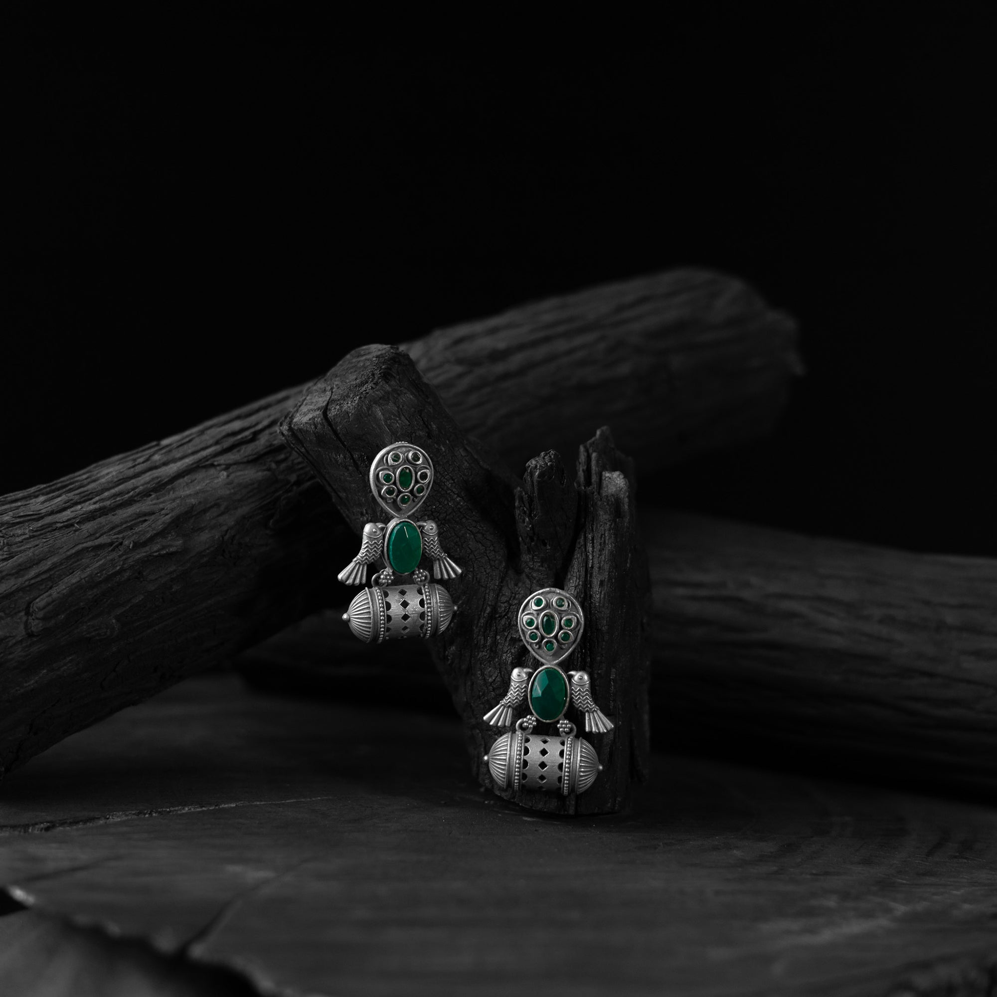 Saanjh Bela Bird Green Oxidised Earrings