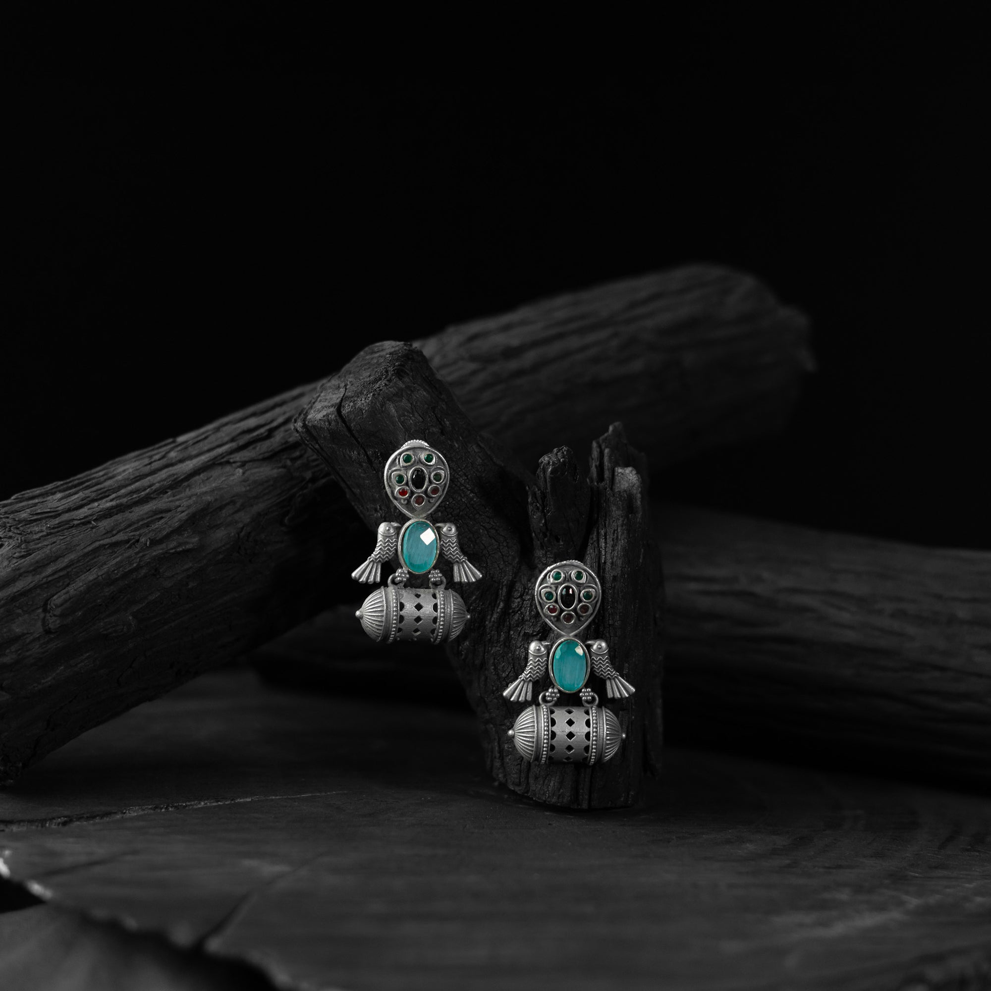 Saanjh Bela Bird Sky Blue Oxidised Earrings
