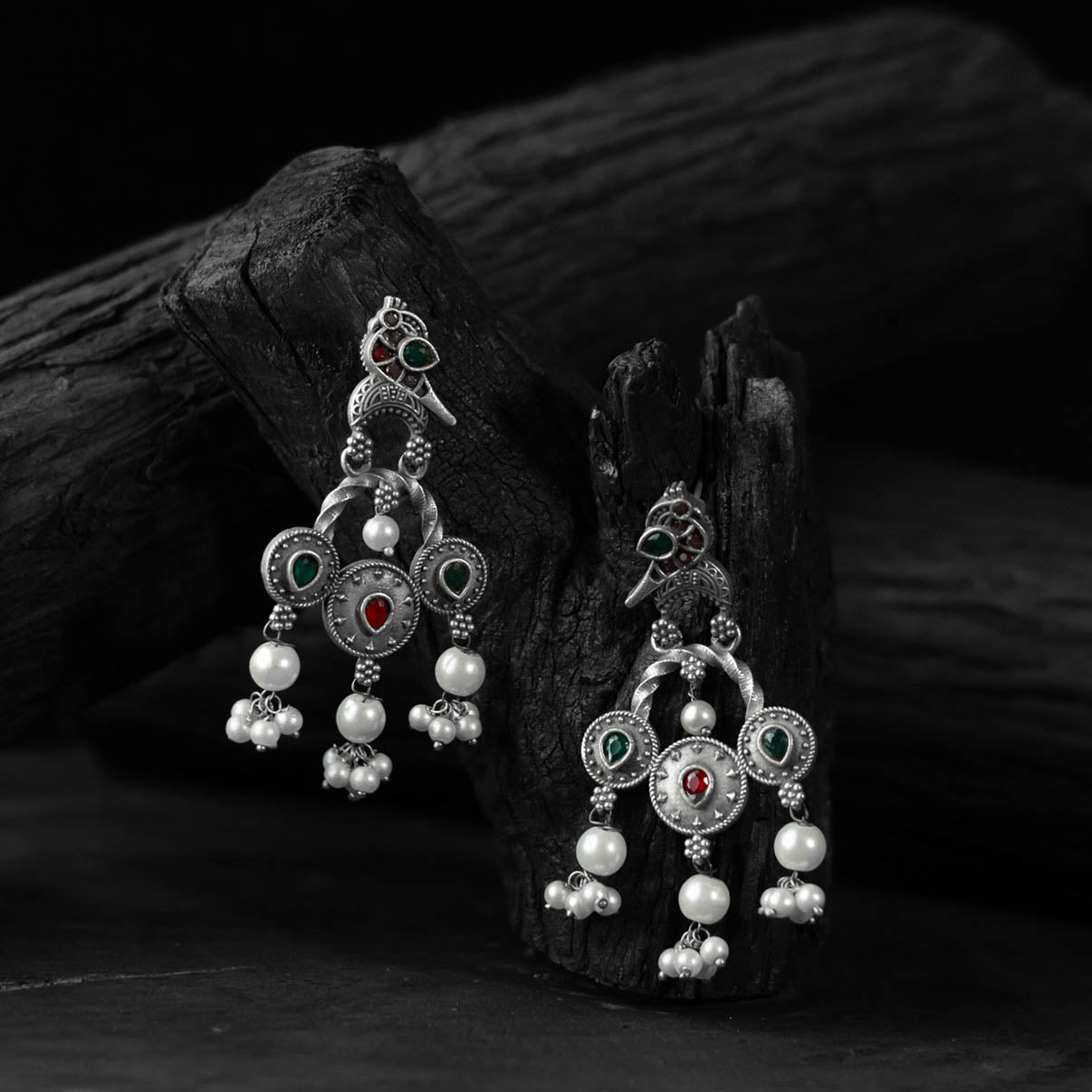 Sparrow Saanjh Bela Red & Green Oxidised Earrings