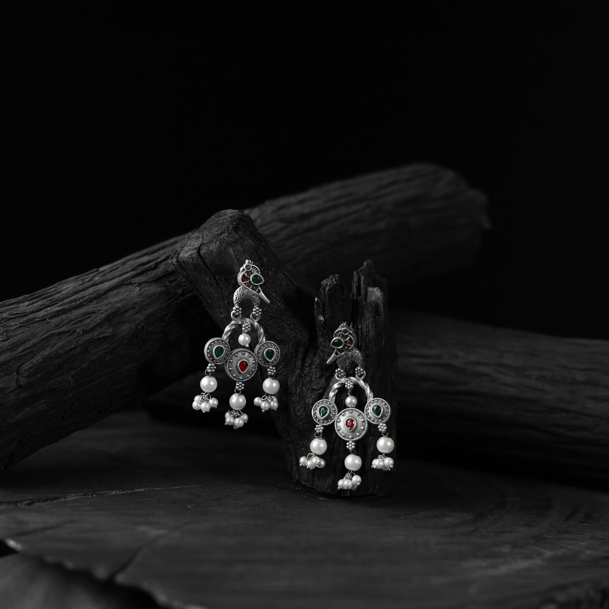 Sparrow Saanjh Bela Red & Green Oxidised Earrings