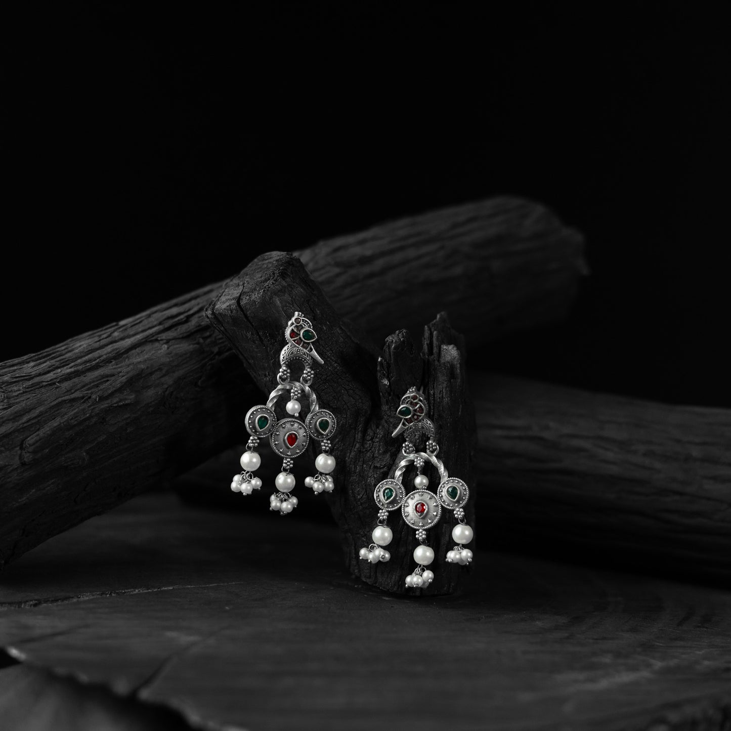 Sparrow Saanjh Bela Red & Green Oxidised Earrings