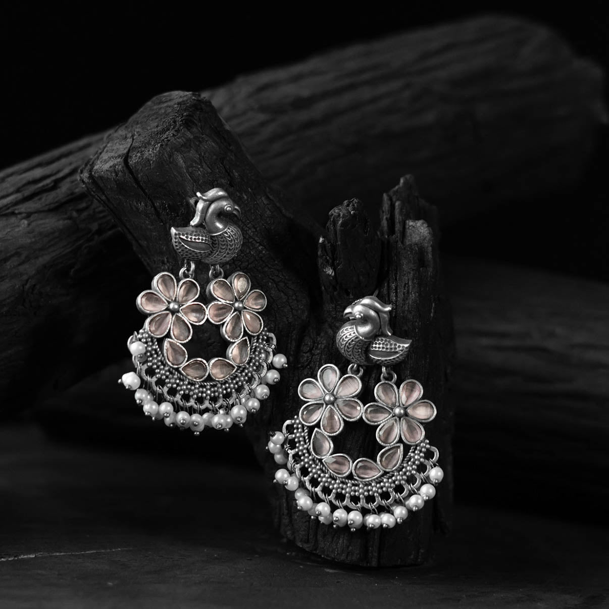 Bird Pink Saanjh Bela Oxidised Earrings