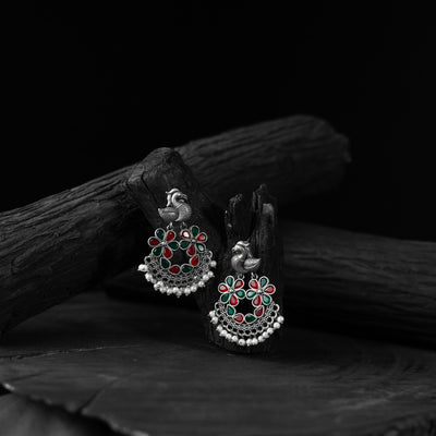 Bird Red & Green Saanjh Bela Oxidised Earrings
