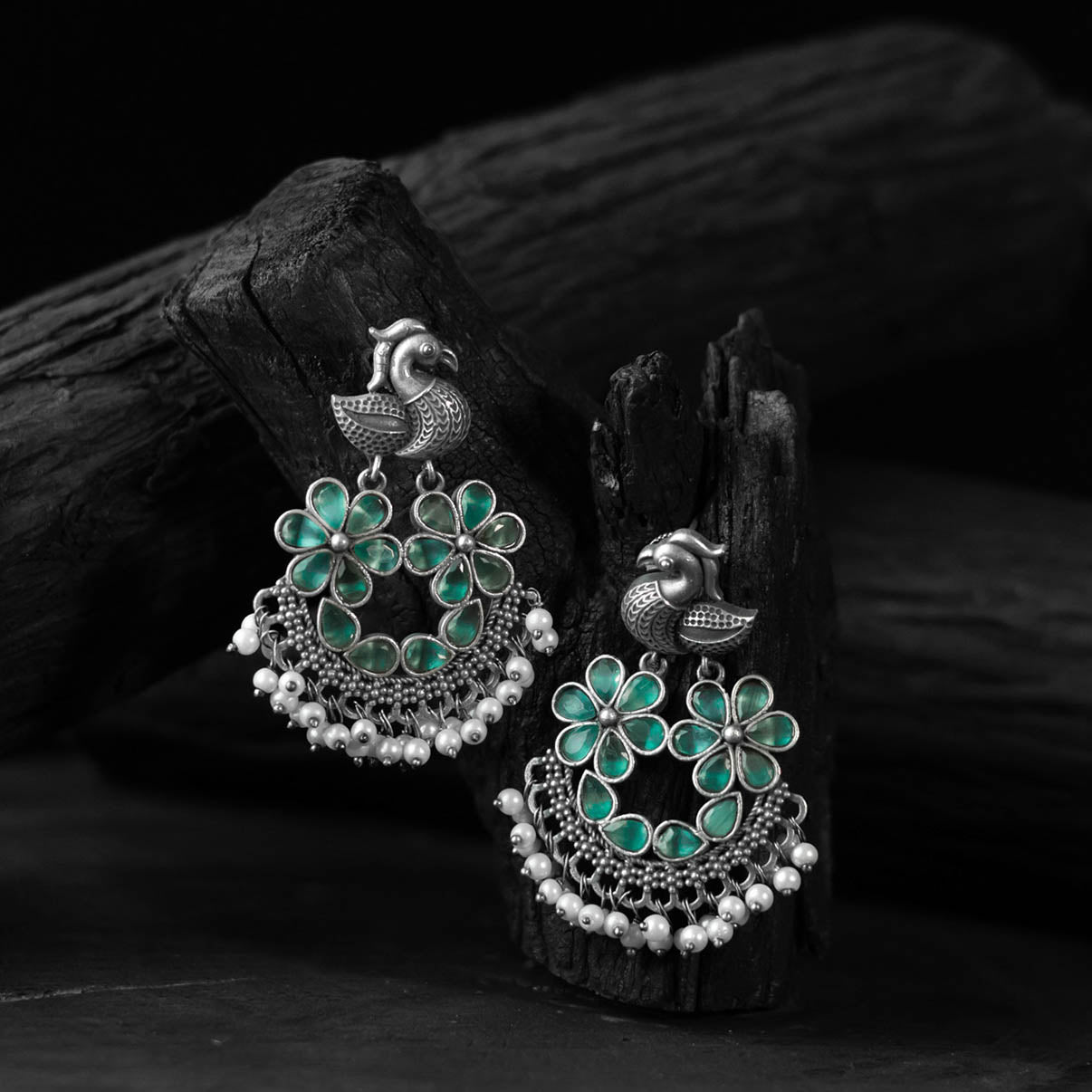 Bird Mint Green Saanjh Bela Oxidised Earrings